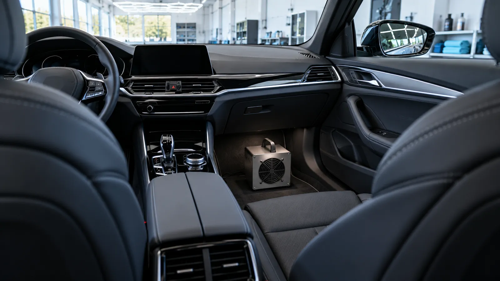 Ein kompaktes Ozongerät hängt am Innenspiegel eines Autos.