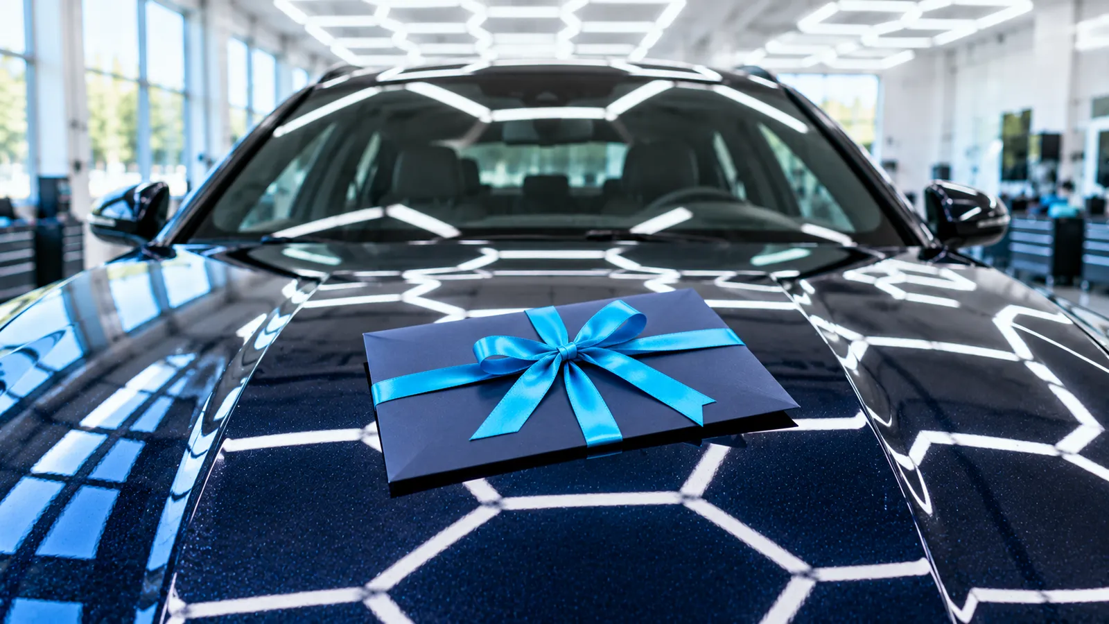 Ein dunkelblaues Kuvert liegt auf einer glänzenden Motorhaube.