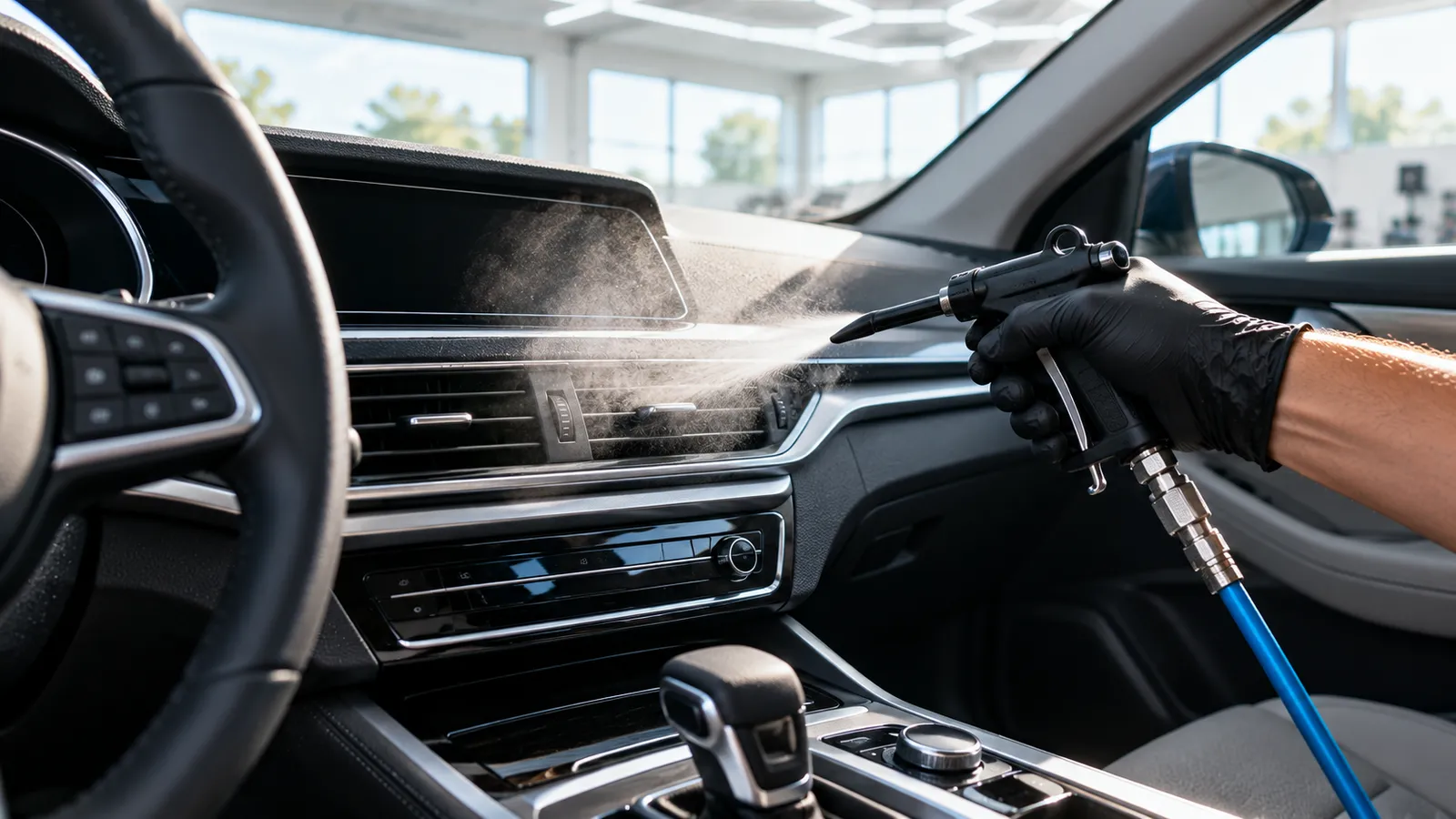 Feiner Sprühnebel über der Mittelkonsole eines Autos, daneben ein Reinigungsgerät.