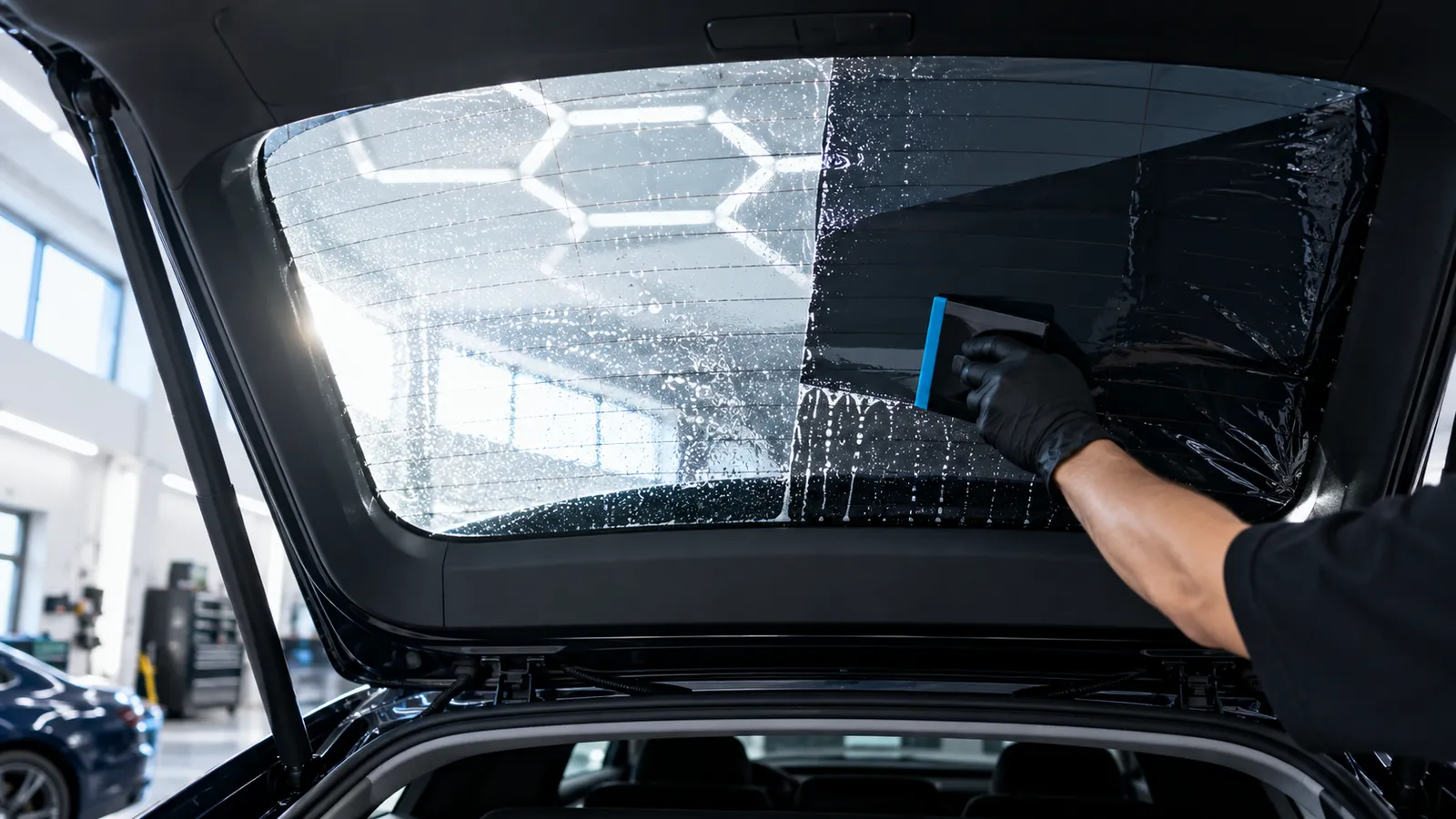 Tönungsfolie im Gegenlicht vor einer Autoscheibe.