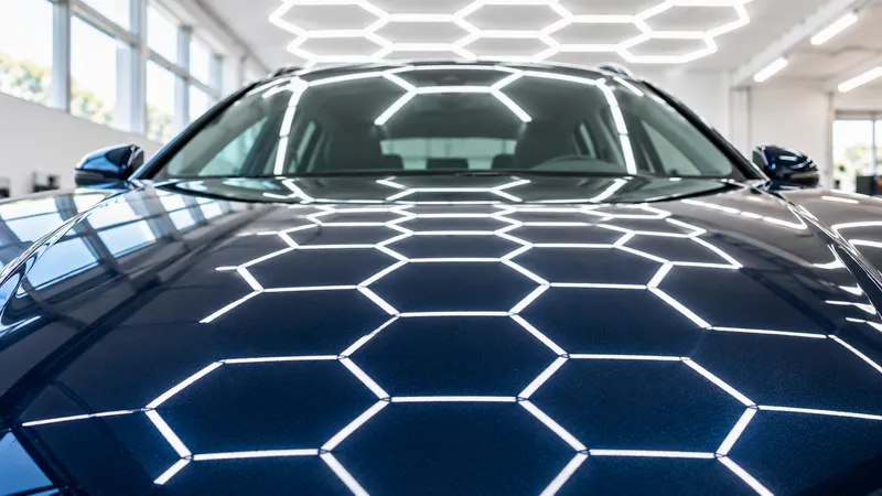 Ruhige Motorhaube, in der sich ein Wabenlicht spiegelt.