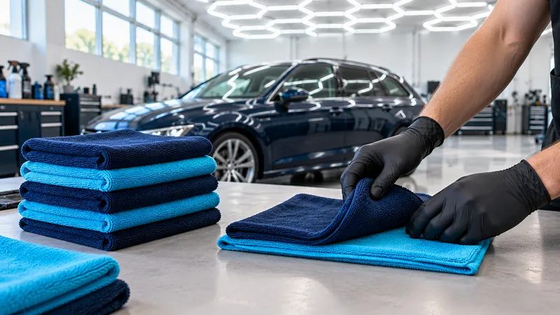 Hände in schwarzen Nitrilhandschuhen falten Mikrofasertücher.